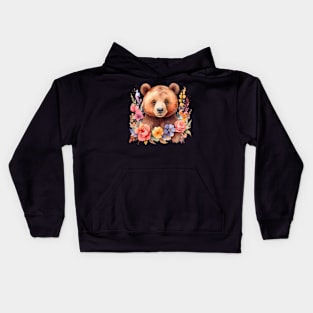 A brown bear decorated with beautiful watercolor flowers Kids Hoodie
